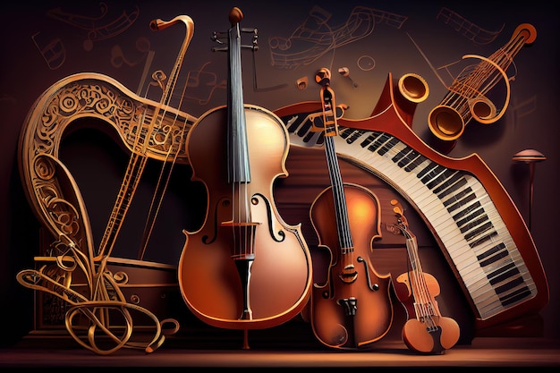 Ein Musikinstrument mit einer Geige und einer Violine auf der Decke.