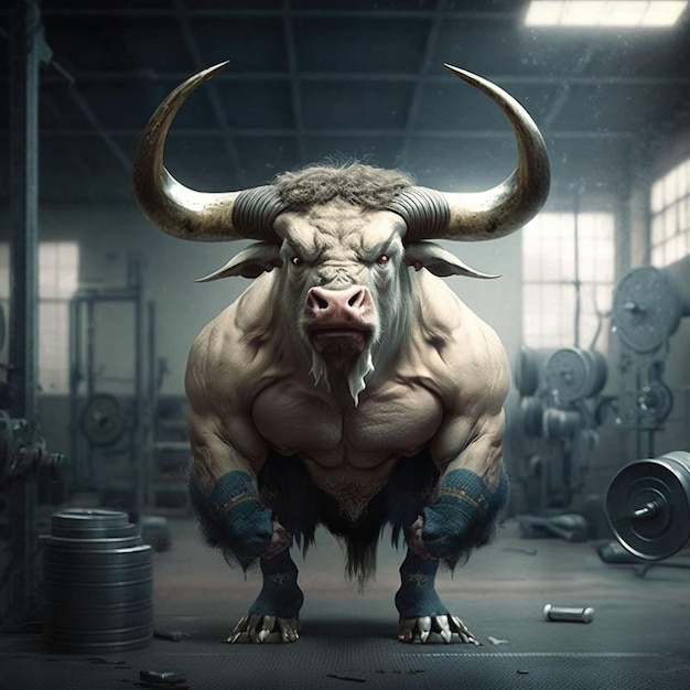 Ein muskulöser Bulle mit Hörnern steht in einer Turnhalle mit Gewichten.