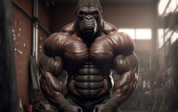 Ein muskulöser Gorilla mit einem muskulösen Körper in einem Fitnessstudio