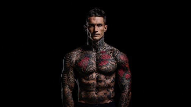 Ein muskulöser Mann gegen einen dunklen Hintergrund mit einer Tätowierung auf dem Rücken Isoliert