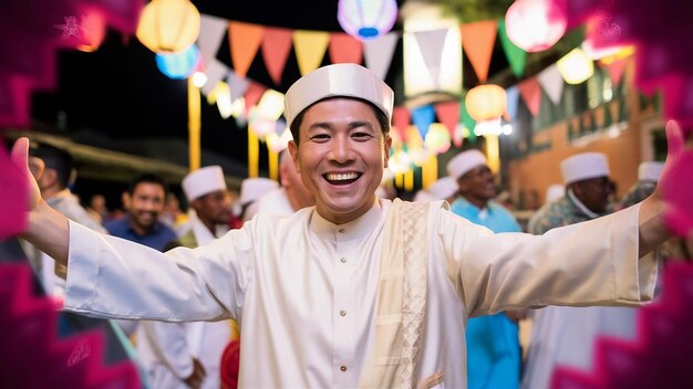 Ein muslimischer asiatischer Mann lächelt während der Ramadan-Feier mit offenen Armen glücklich zu einem Gruß