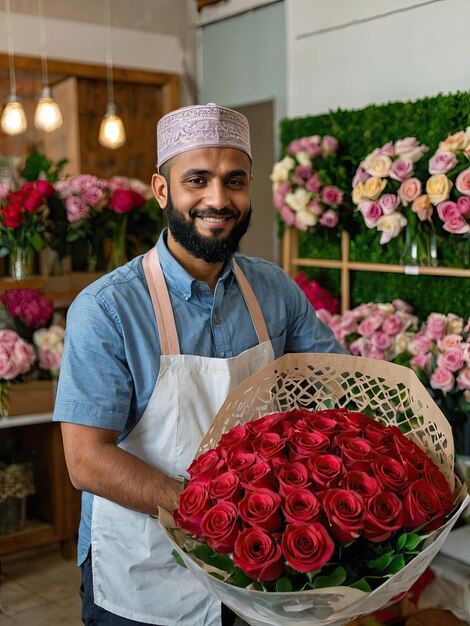 Ein muslimischer Blumenhändler sammelt ein Bouquet von Rosen, frisch geschnittene Blumen in Kisten und Vasen in Blumenläden und Regalen zum Verkauf, Lieferung für den Urlaub Frühling 8. März Frauentag KI generiert