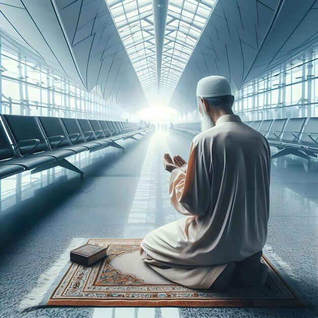 Ein muslimischer Mann betet bei Sonnenaufgang auf einem traditionellen Teppich in einem modernen Flughafenterminal