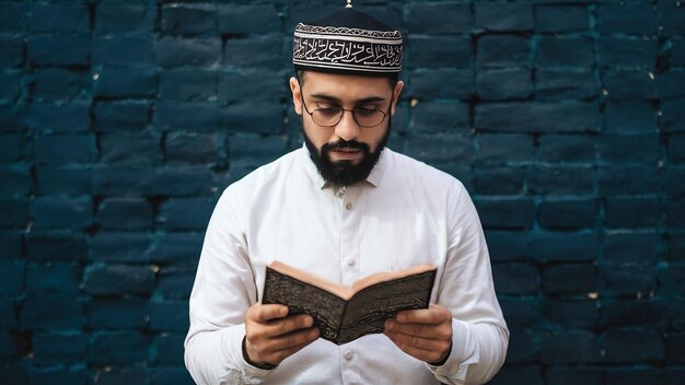 Ein muslimischer Mann liest aus dem Koran und hält Gebetsperlen