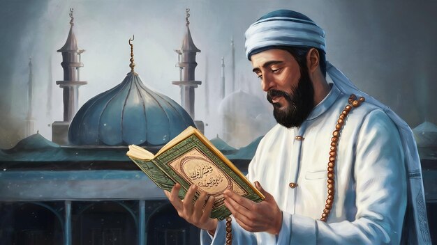 Ein muslimischer Mann liest aus dem Koran und hält Gebetsperlen