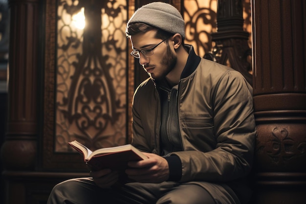 Ein muslimischer Mann liest den Koran, ein muslimischer Mann sieht den Koran lesen, der von Ai erzeugt wurde.