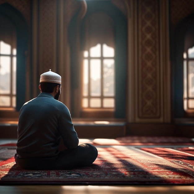 ein muslimischer Mann sitzt auf einer Gebetsmatte in einer Moschee