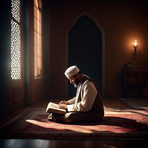 ein muslimischer Mann sitzt auf einer Gebetsmatte in einer Moschee