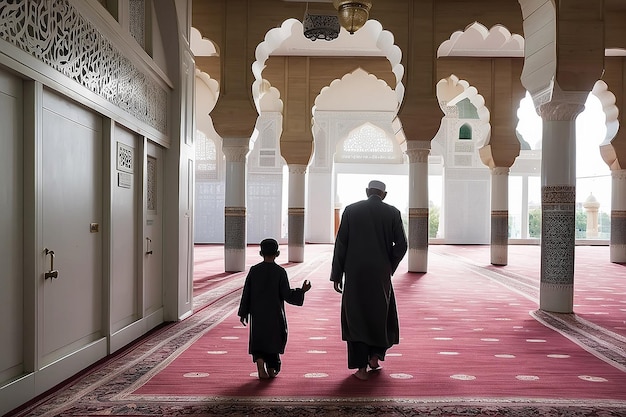 Foto ein muslimischer mann und sein sohn gehen zum gebet in die moschee