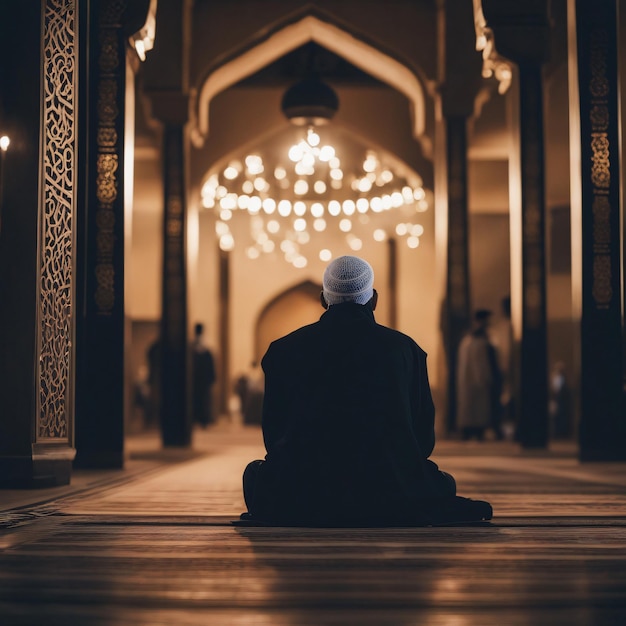 Ein muslimischer Pilger sitzt in islamischer Kleidung in einer Moschee