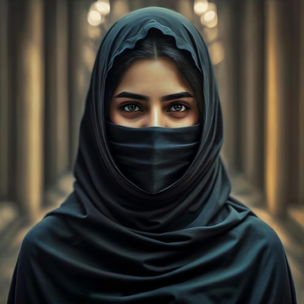 Ein muslimisches Mädchen mit schwarzem Hijab und Niqab