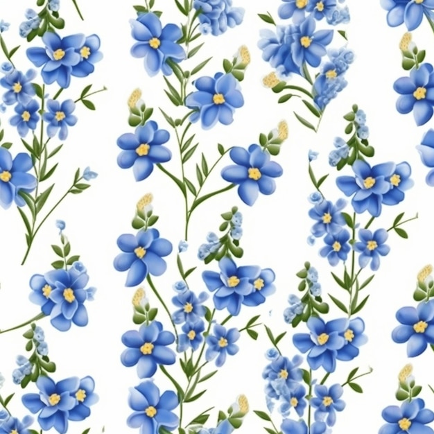 Ein Muster aus blauen Blumen auf weißem Hintergrund, generative KI