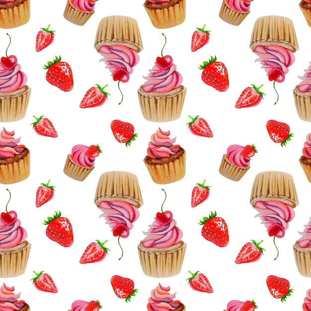 Ein Muster aus Cupcakes und Erdbeeren Aquarellillustration Süßigkeiten Illustration für Kinder