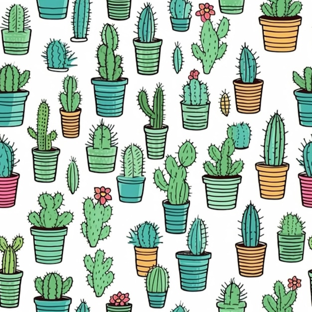 Ein Muster aus Kaktuspflanzen in Töpfen auf weißem Hintergrund, generative KI