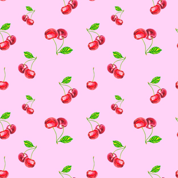 Ein Muster aus Kirschen auf rosa Hintergrund Aquarell-Illustration Saftige Kirschen Collage