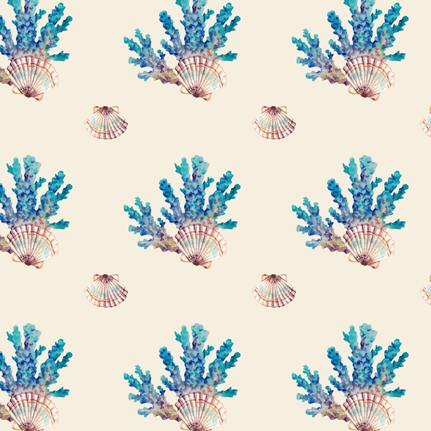 Ein Muster aus Korallen und Muscheln Aquarellillustration Meereszusammensetzung Meerestiere Hintergrund und Collage