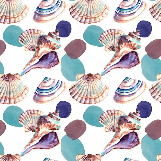 Ein Muster aus Muscheln und Aquarellflecken Aquarellillustration Meerestiere Bewohner der Tiefe Eine Collage aus Muscheln Ein Ausflug ans Meer