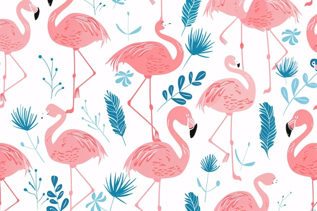 ein Muster aus rosa Flamingos und blauen Blättern