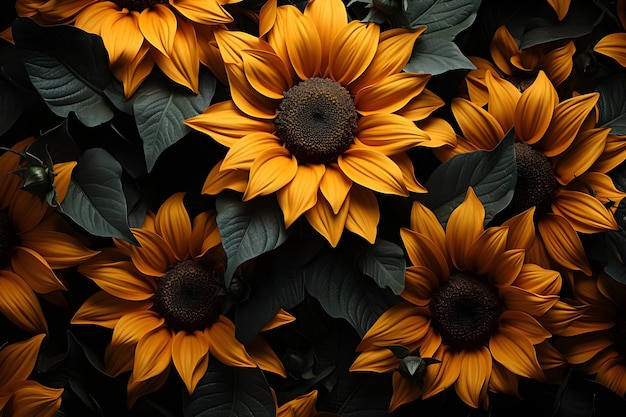 Ein Muster aus Sonnenblumen mit grünen Blättern auf schwarzem Hintergrund