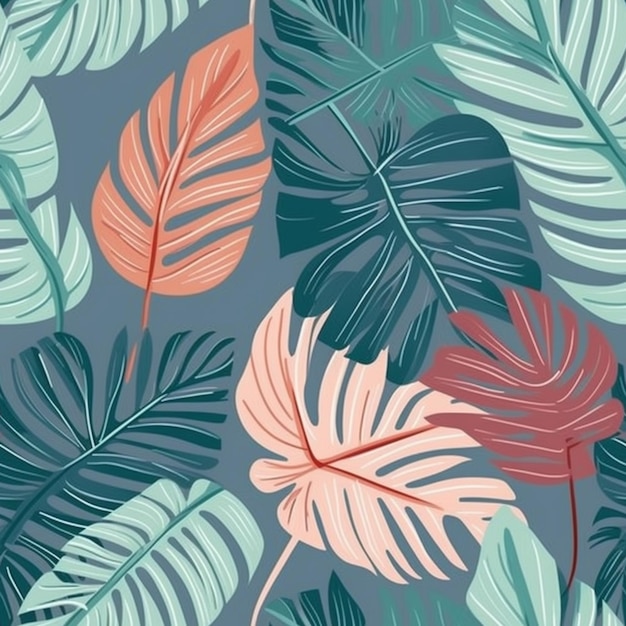 ein Muster aus tropischen Blättern auf blauem Hintergrund, generative KI