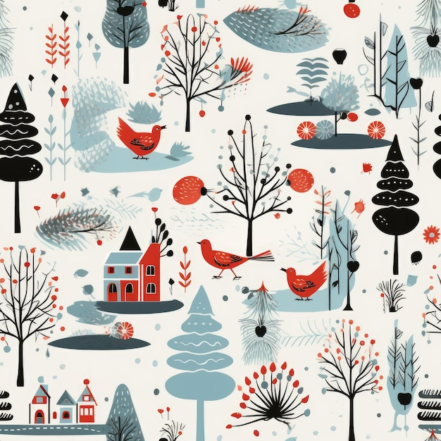 Ein Muster aus Vögeln, Bäumen und Häusern auf weißem Hintergrund, nahtloses Winterweihnachtsmuster