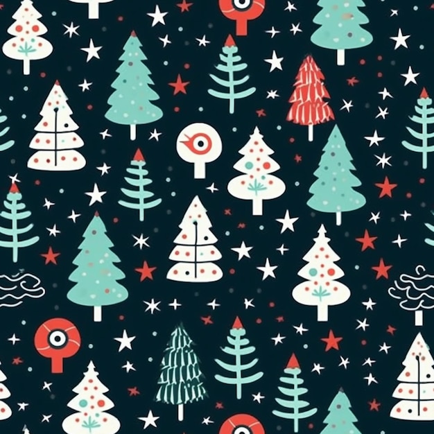 Ein Muster aus Weihnachtsbäumen mit einem roten Auge und Sternen auf schwarzem Hintergrund.