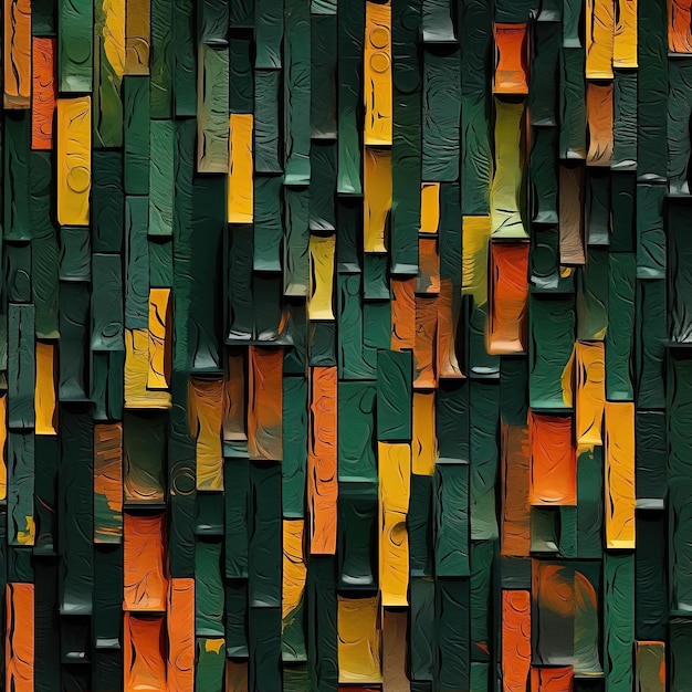 ein Muster aus Ziegeln mit gelben Blättern und grünen Wurzeln im Stil von Dunkelorange und Smaragd