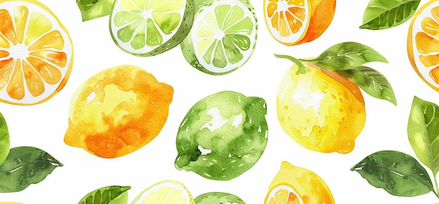 ein Muster aus Zitronen und Limetten mit grünem Hintergrund