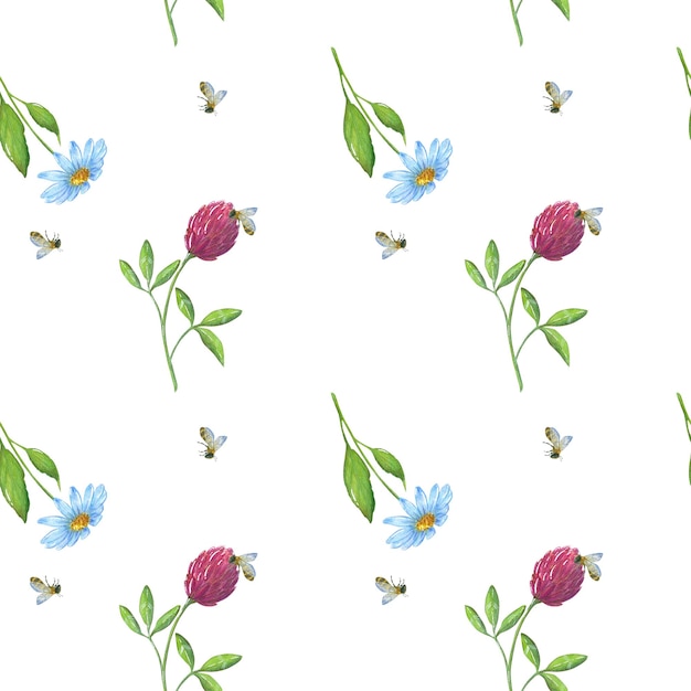 Ein Muster mit einer Aquarellillustration von Gänseblümchenklee und Bienen auf einem weißen Hintergrund