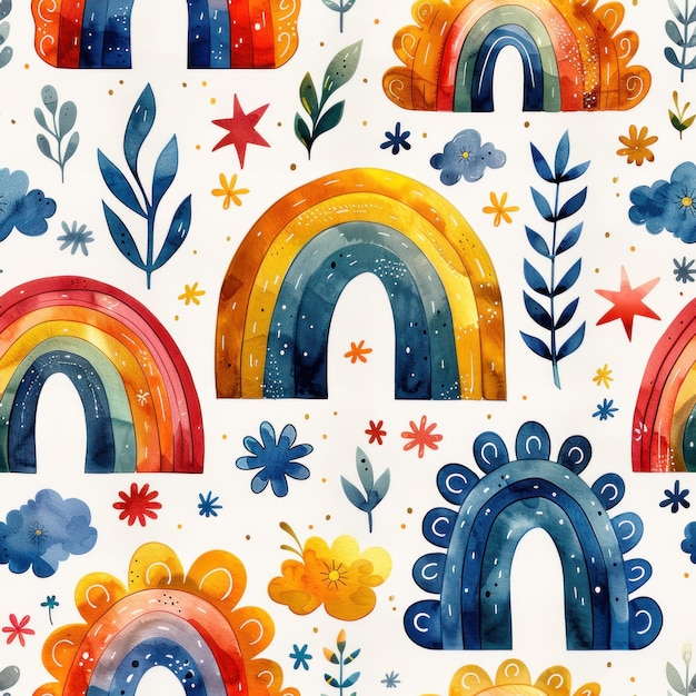 Ein Muster mit Regenbogen und Sternen auf einem sauberen weißen Hintergrund.