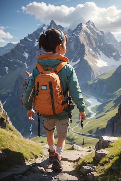 Ein mutiges und abenteuerlustiges Kind mit einem Rucksack, das sich auf eine Reise begibt