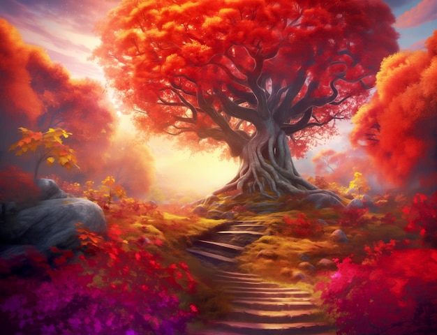 Ein mystischer alter Baum mit roten Blättern im Herbstwald