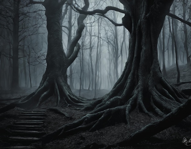 Ein mystischer düsterer Wald, der in Nebel gehüllt ist