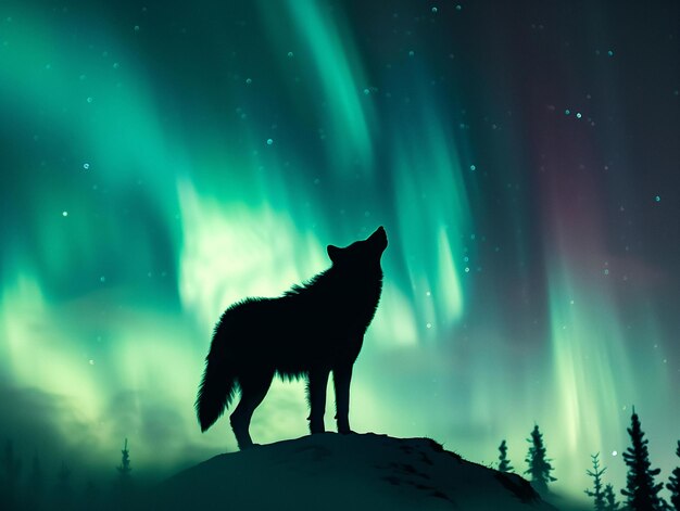 Ein mystisches Bild eines einsamen, heulenden Wolfes, der gegen eine lebendige Nordlichter am Nachthimmel silhouettiert ist
