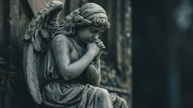 Ein nachdenklicher Engel, in die Dunkelheit gehüllt, sitzt auf einem Steinpietestal und hält ein verwelkendes Herz in den Händen.