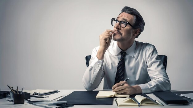 Ein nachdenklicher Geschäftsmann sitzt an seinem Büro-Schreibtisch, beißt auf den Rand seiner Gläser, schaut auf und denkt nach.