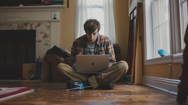 Foto ein nachdenklicher junger mann sitzt mit gekreuzten beinen auf dem boden vor einem hellen fenster und benutzt einen laptop