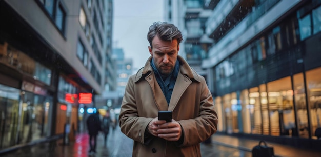 Ein nachdenklicher Mann in städtischer Umgebung, der besorgt auf sein Telefon schaut