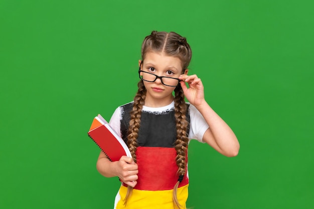 Ein nachdenkliches Kind mit deutscher Flagge und einem Notizbuch in den Händen auf grün isoliertem Hintergrund Deutschkurse für Schulkinder