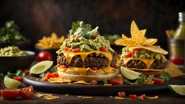 Ein Nacho-Burger besteht aus einem würzigen Pastetchen mit pikanter Salsa und cremiger Guacamole