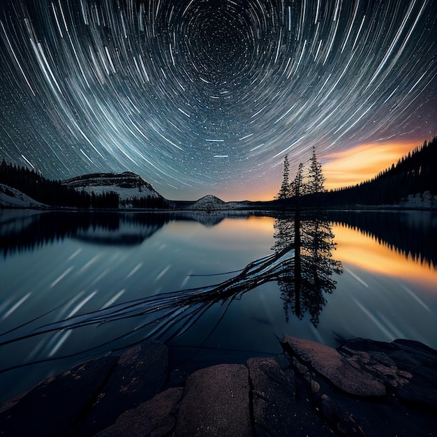 Ein Nachtbild eines Sees mit Sternen und dem Himmel darüber.