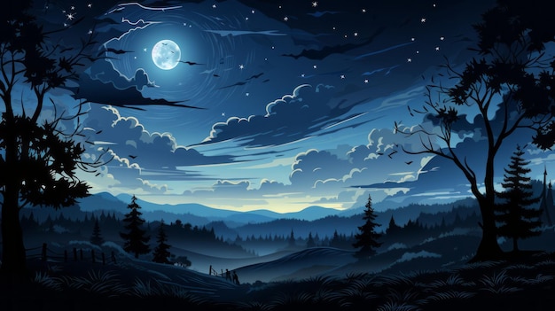 ein Nachthimmel mit Bäumen und einem Vollmond im Hintergrund