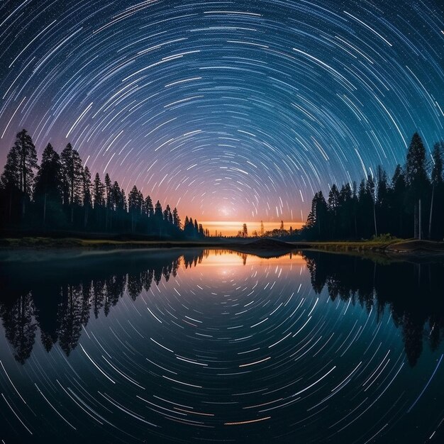ein Nachthimmel mit Sternen und einem See mit Bäumen im Hintergrund