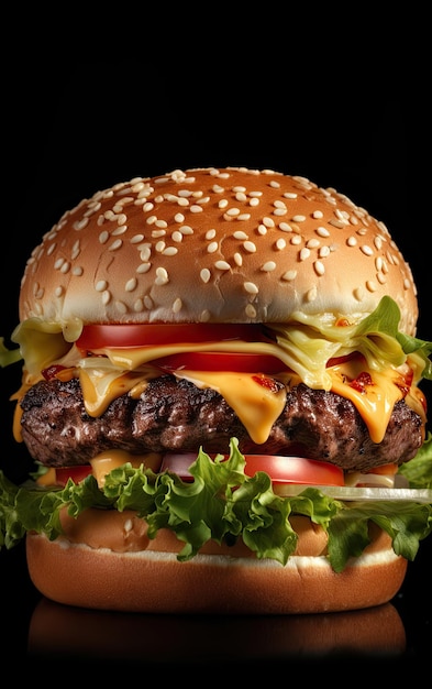 Ein Nahaufnahme-Beef-Burger oder Cheeseburger auf dunklem Hintergrund, Werbepost, Fastfood-KI generiert