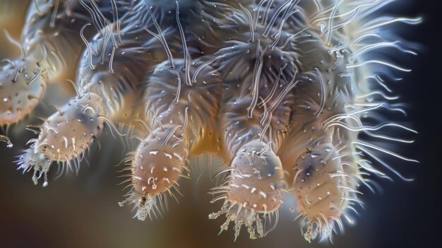 Foto ein nahaufnahme der beine eines tardigrades, die die komplizierten details seiner winzigen haare und hakenartigen beine zeigen