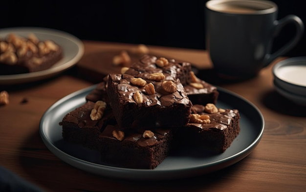 Ein Nahaufnahme-Schokoladen-Brownie auf einem Café-Hintergrund, süßes Dessert, Bäckerei-Lebensmittel, die von der KI erzeugt wurden