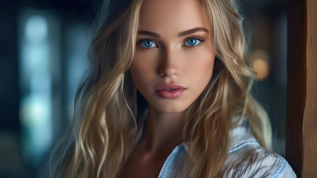 Ein Nahaufnahmefoto einer eleganten jungen Frau mit langen blonden Haaren