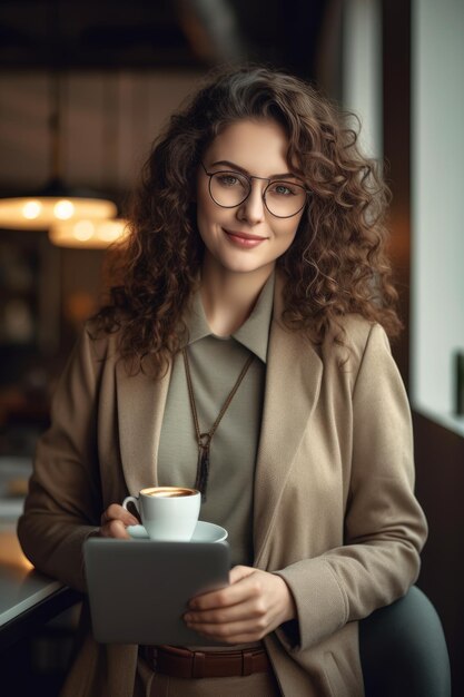 Ein Nahaufnahmefoto einer glücklichen Frau mit Laptop und Kaffee