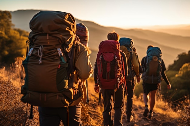 Foto ein nahaufnahmefoto einer gruppe von wandertouristen, die bei sonnenuntergang einen bergrücken entlang spazieren. generative ki