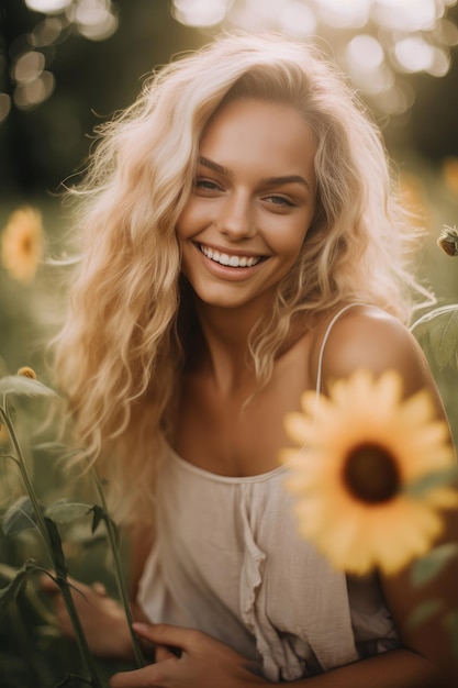 Ein Nahaufnahmefoto einer jungen Frau, die im Gras lächelt und eine Sonnenblume in der Hand hält